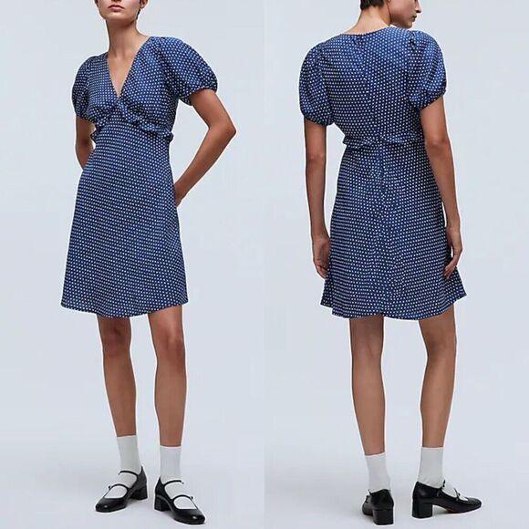 MADEWELL Mini Dress Women 0 Blue Polka Dot Ruffle NEW Puff Sleeve NP106 - Picture 1 of 16